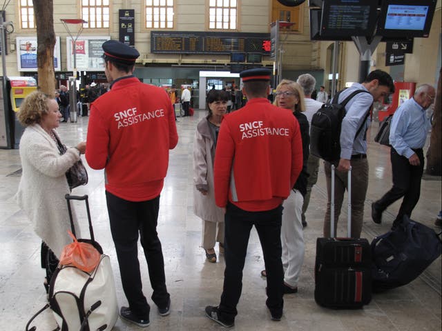 <p>Going places? Staff working for SNCF (French Railways) at Marseille St Charles station on the day of a previous strike</p>