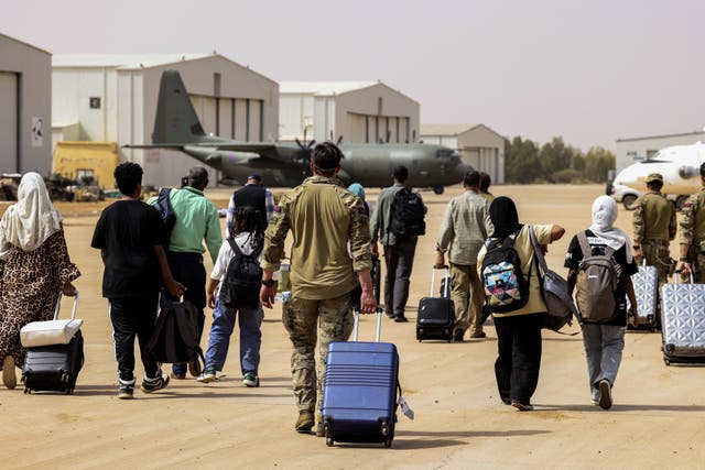 The evacuation of British Nationals onto an awaiting RAF aircraft at Wadi Saeedna Air Base in Khartoum (Ministry of Defence/PA)