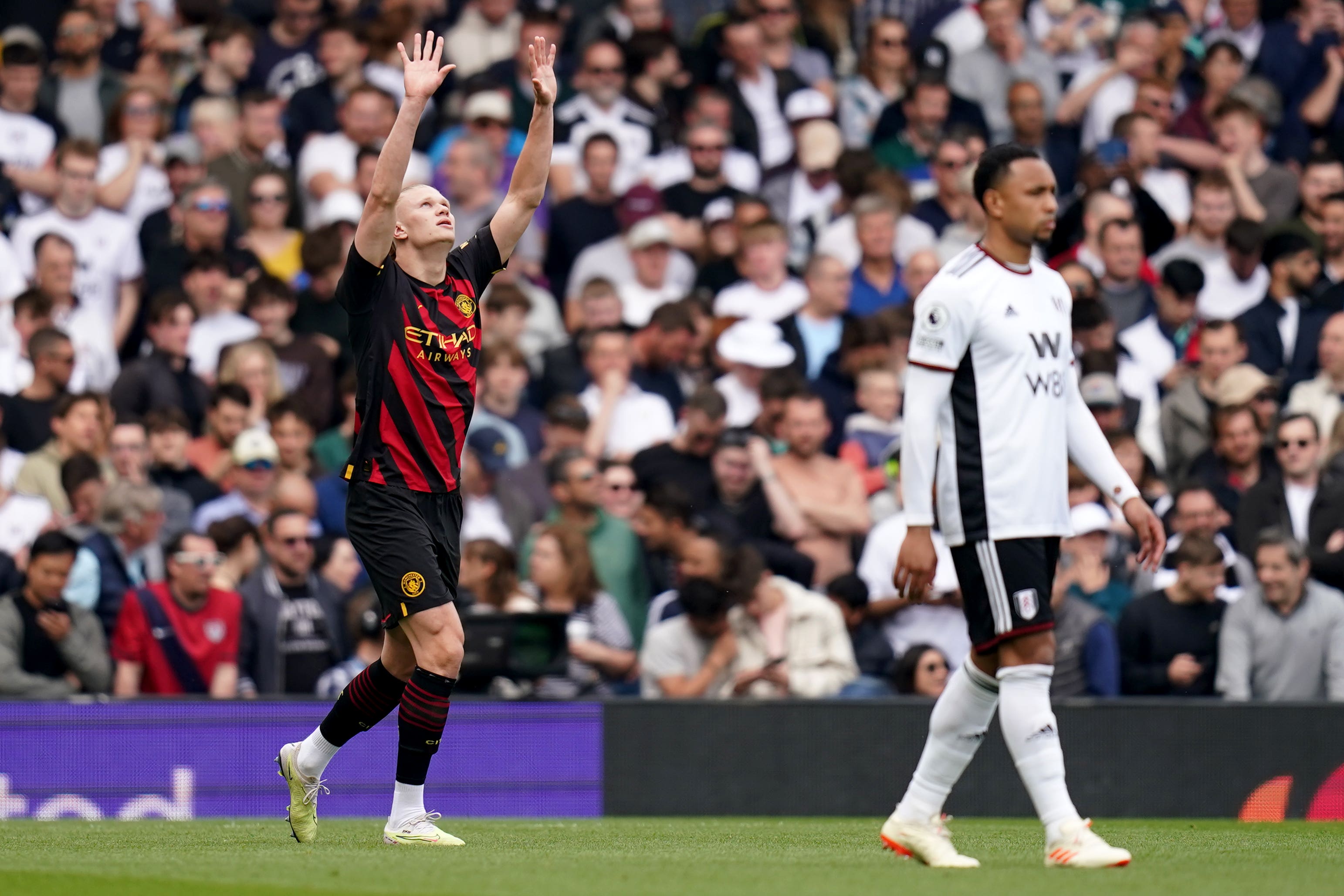 Erling Haaland scored his 50th goal of the season in Manchester City’s win over Fulham (John Walton/PA)