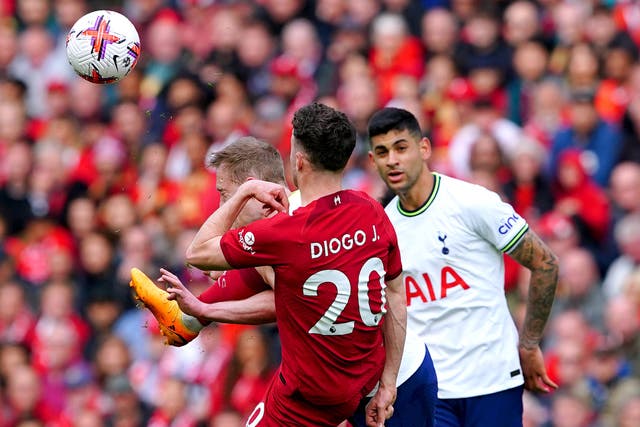 Diogo Jota scored Liverpool’s winner after being shown a yellow card for his challenge on Oliver Skipp (Peter Byrne/PA)