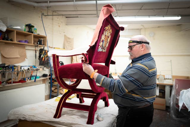 EMBARGOED TO 2200 SUNDAY APRIL 30XXX working on the throne chairs which will be used for the coronation of King Charles III and the Queen Consort, at A.T. Cronin workshop, in west London. Picture date: Thursday April 20, 2023. PA Photo. See PA story ROYAL Coronation. Photo credit should read: Stefan Rousseau/PA Wire