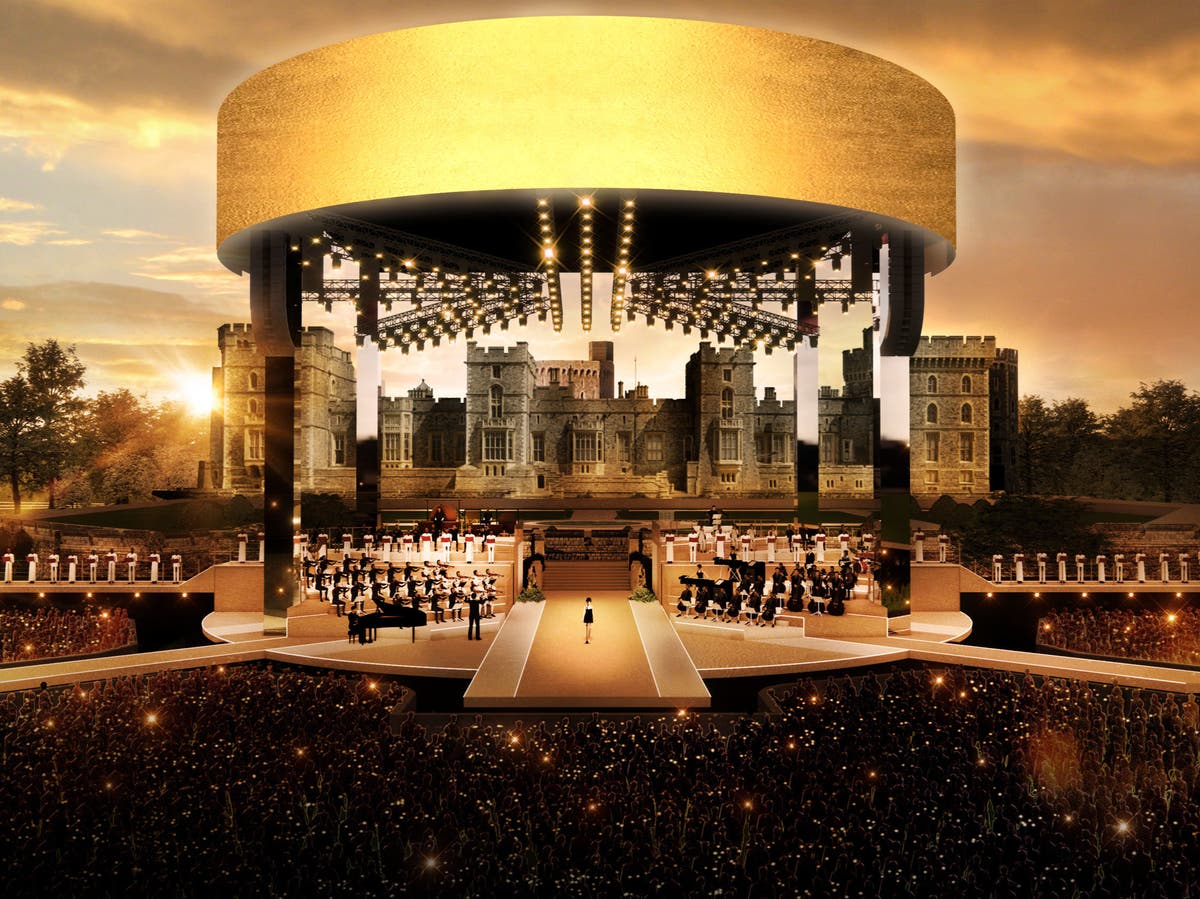 Coronation Concert stage with Windsor Castle backdrop revealed as