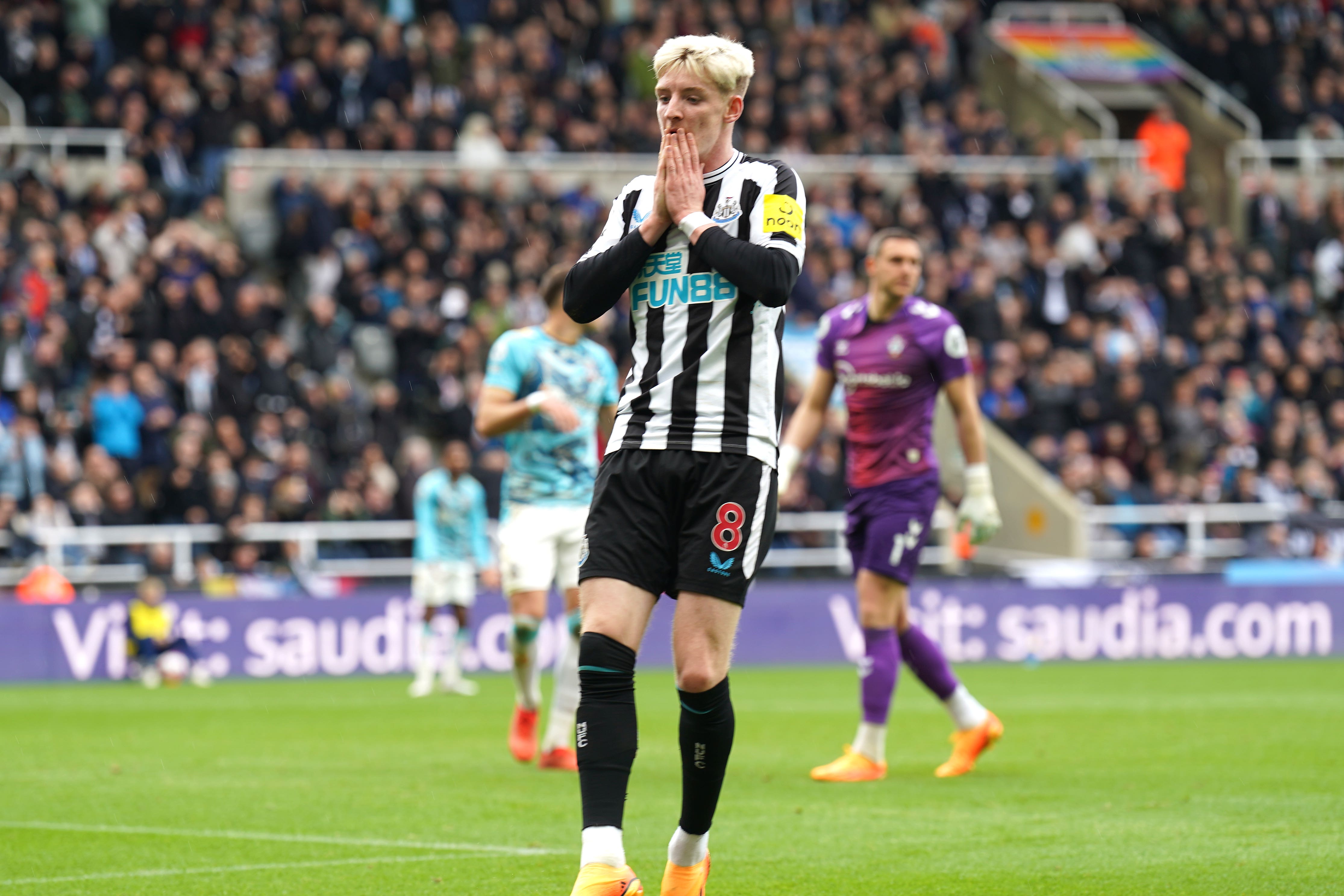 Newcastle’s Anthony Gordon rues a missed chance during Sunday’s 3-1 Premier League win over Southampton (Owen Humphreys/PA)