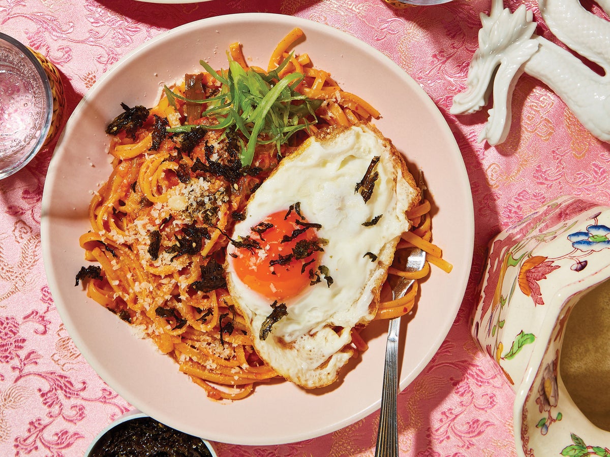Bring the funk with this cheesy kimchi linguine with gochujang butter