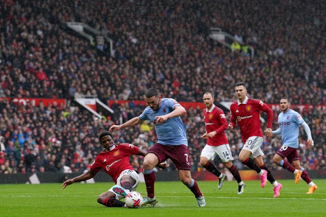 Manchester United’s Tyrell Malacia in action against Aston Villa (Martin Rickett/PA).