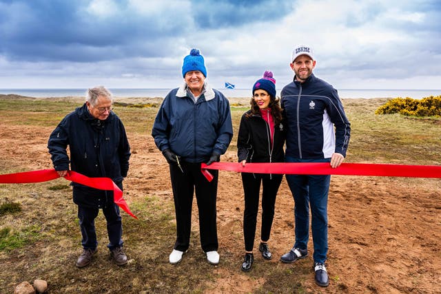 <p>Donald Trump with son Eric marks the start of work on a second course at his Menie golf resort in Aberdeenshire on Monday</p>