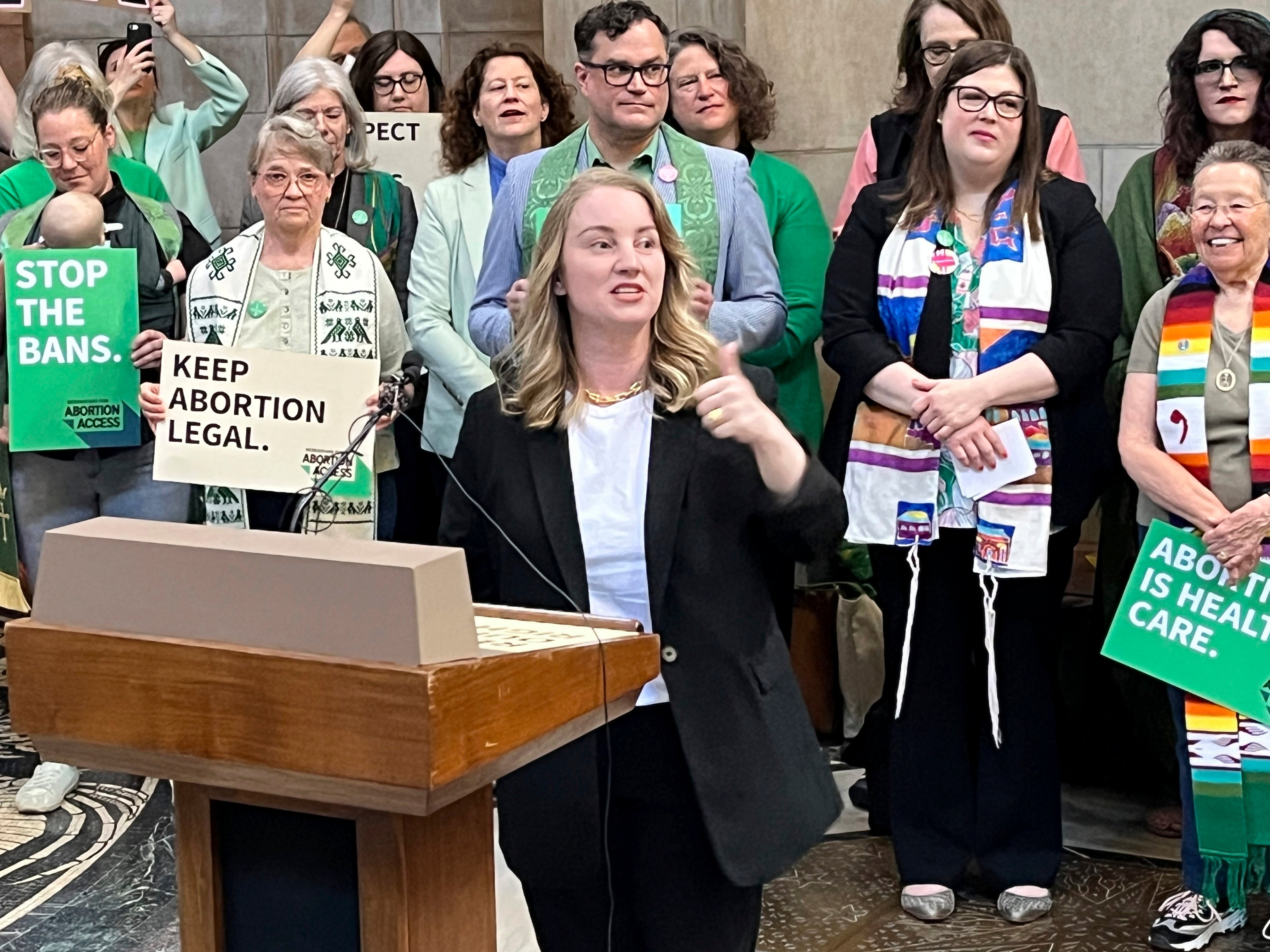 Megan Hunt joins abortion rights demonstrations at the state capitol in Lincoln, Nebraska in April.