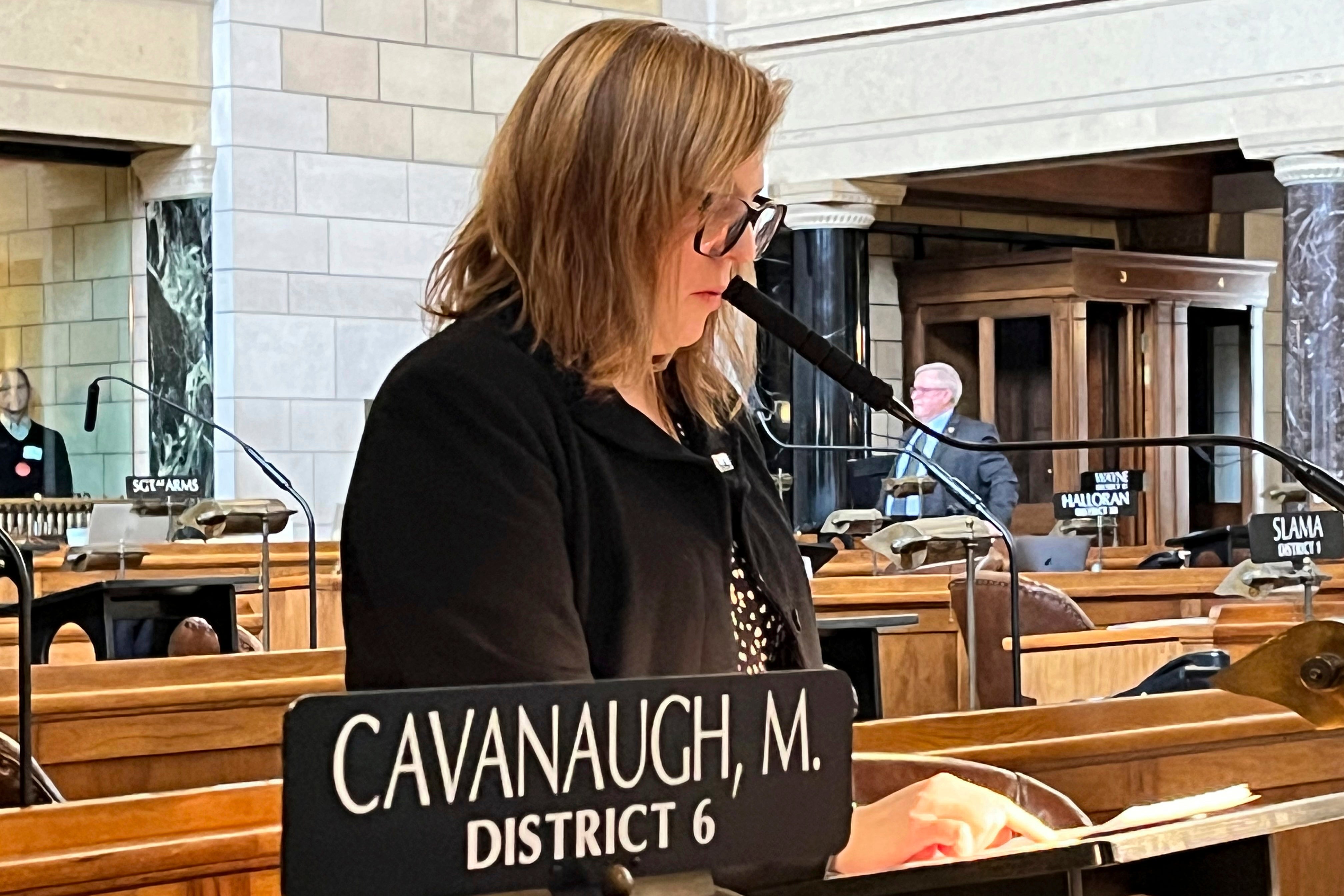 Machaela Cavanaugh addresses lawmakers the state capitol in Lincoln, Nebraska in March.