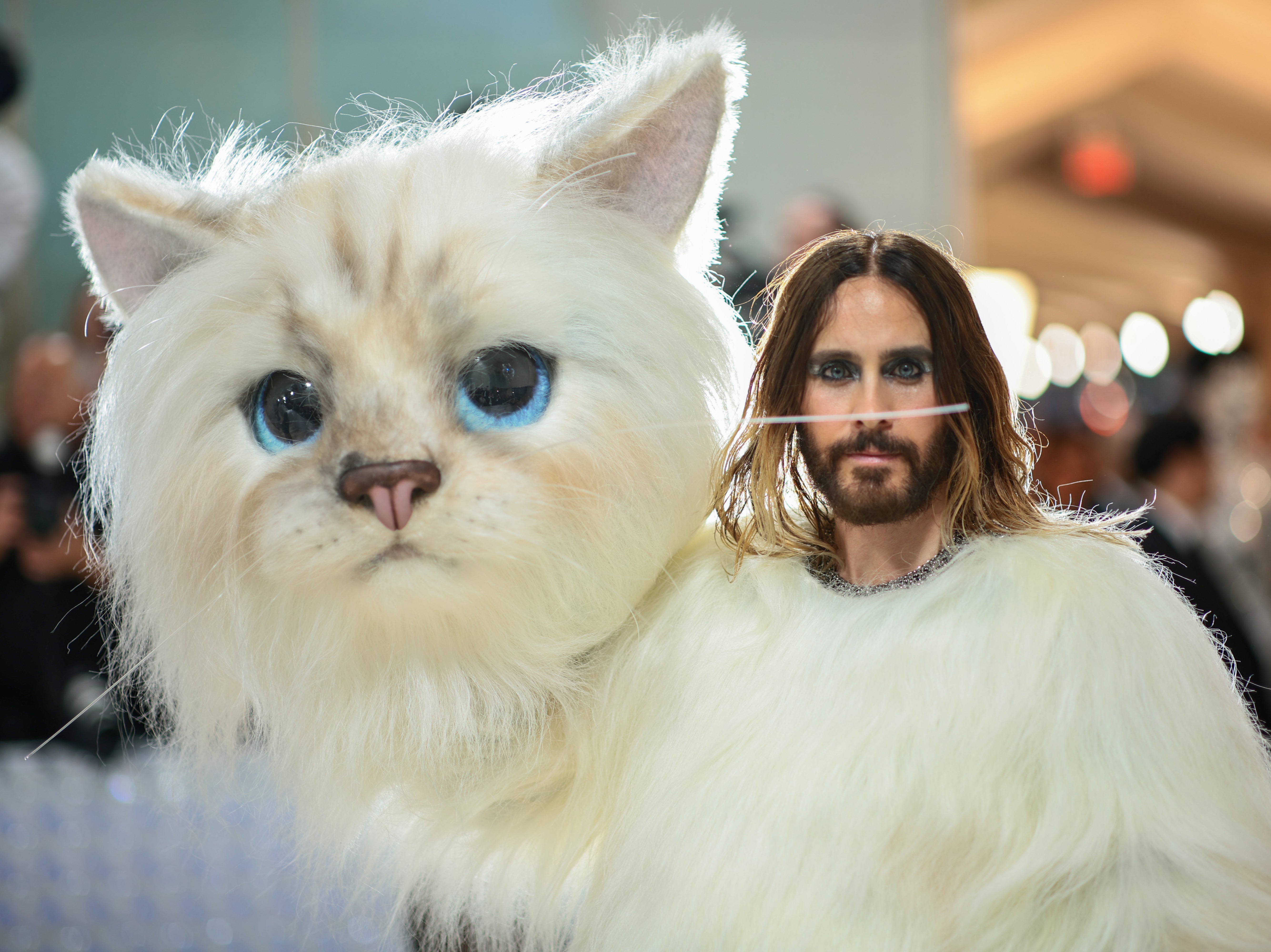 Jared Leto in an outfit inspired by Karl Lagerfield’s cat Choupette