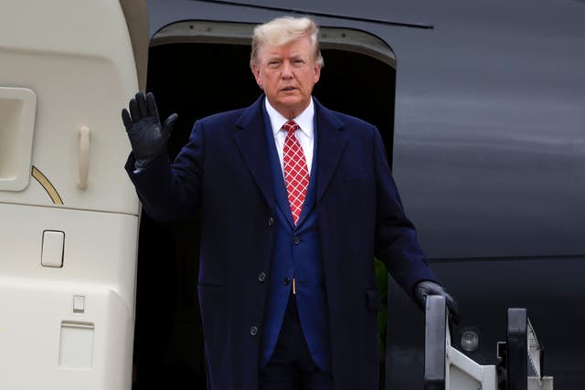 <p>Former US president Donald Trump disembarks his plane ‘Trump Force One’ at Aberdeen Airport on 1 May 2023 in Aberdeen, Scotland</p>