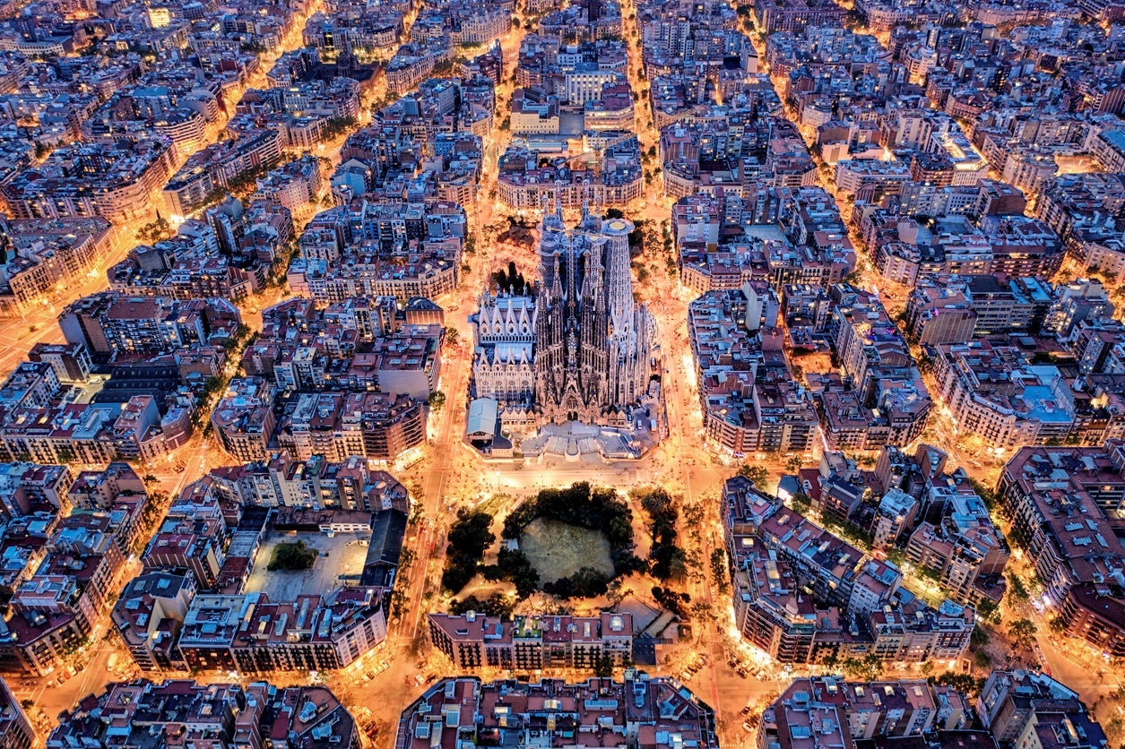 An aerial view of Barcelona, with the Sagrada Familia at the centre