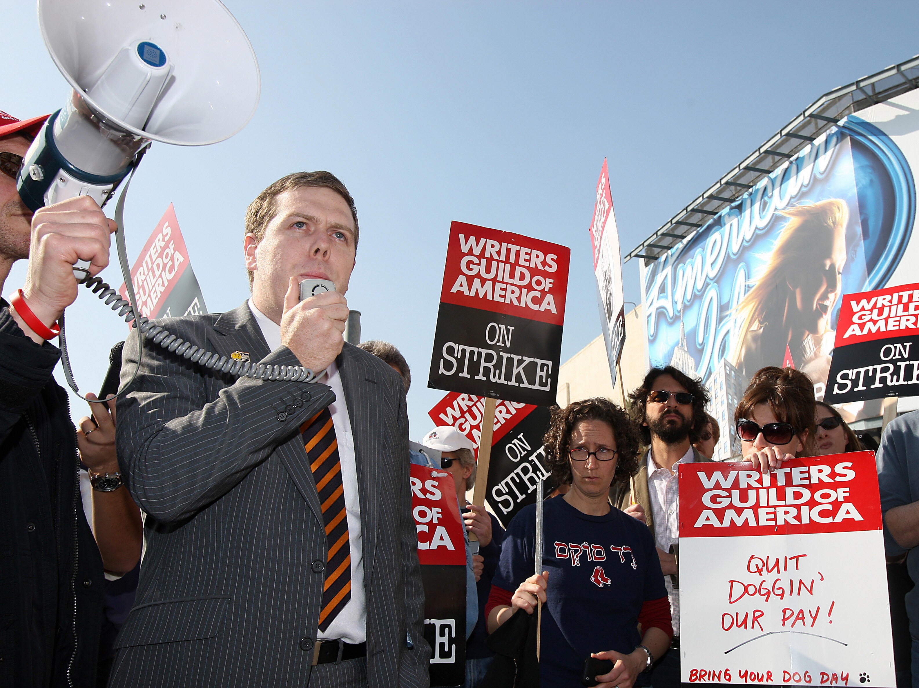 Paul Howes, national secretary of the Australian Workers Union (AWU), addresses striking WGA members on the picket line outside 20th Century Fox Studios in Los Angeles, California, 16 January 2008