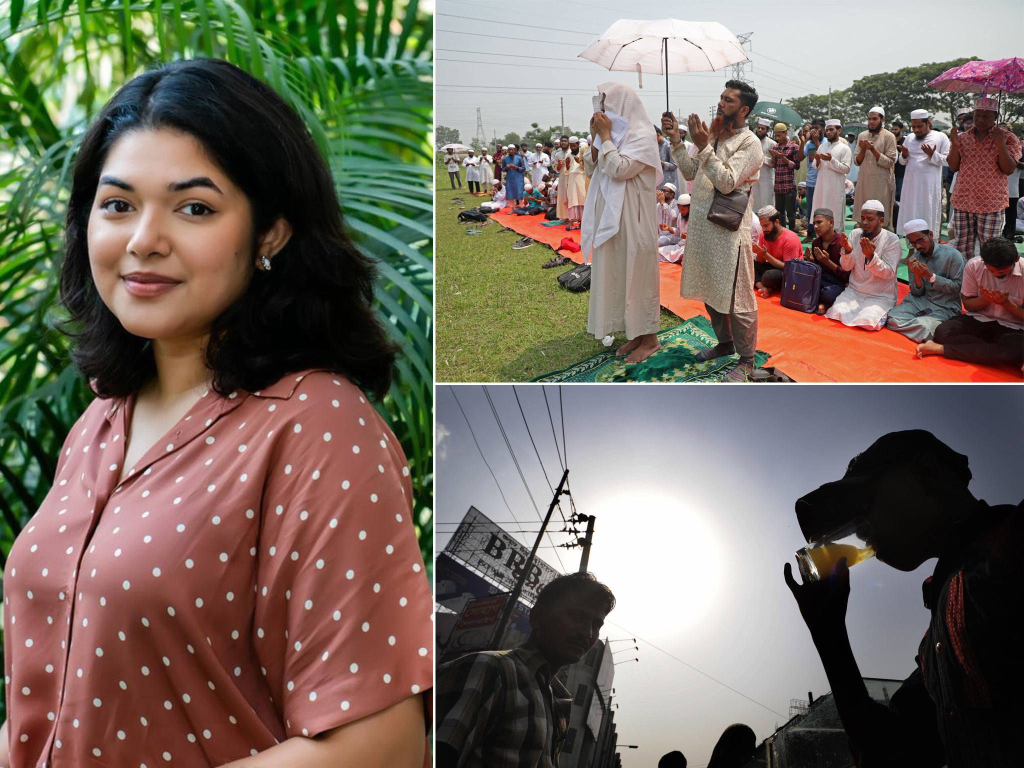 From left, clockwise: Asia’s first chief heat officer Bushra Afreen; Muslims offer special prayers for rains in Dhaka during an April heatwave; a man buys cool drinks from a street vendor amid soaring heat in the city