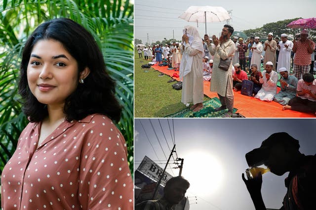 <p>From left, clockwise: Asia’s first chief heat officer Bushra Afreen; Muslims offer special prayers for rains in Dhaka during an April heatwave; a man buys cool drinks from a street vendor amid soaring heat in the city </p>