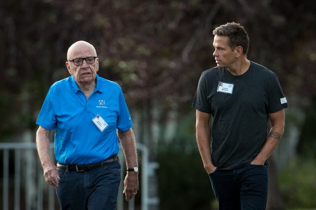 <p>Rupert Murdoch and Lachlan Murdoch in Sun Valley, Idaho, in 2017</p>