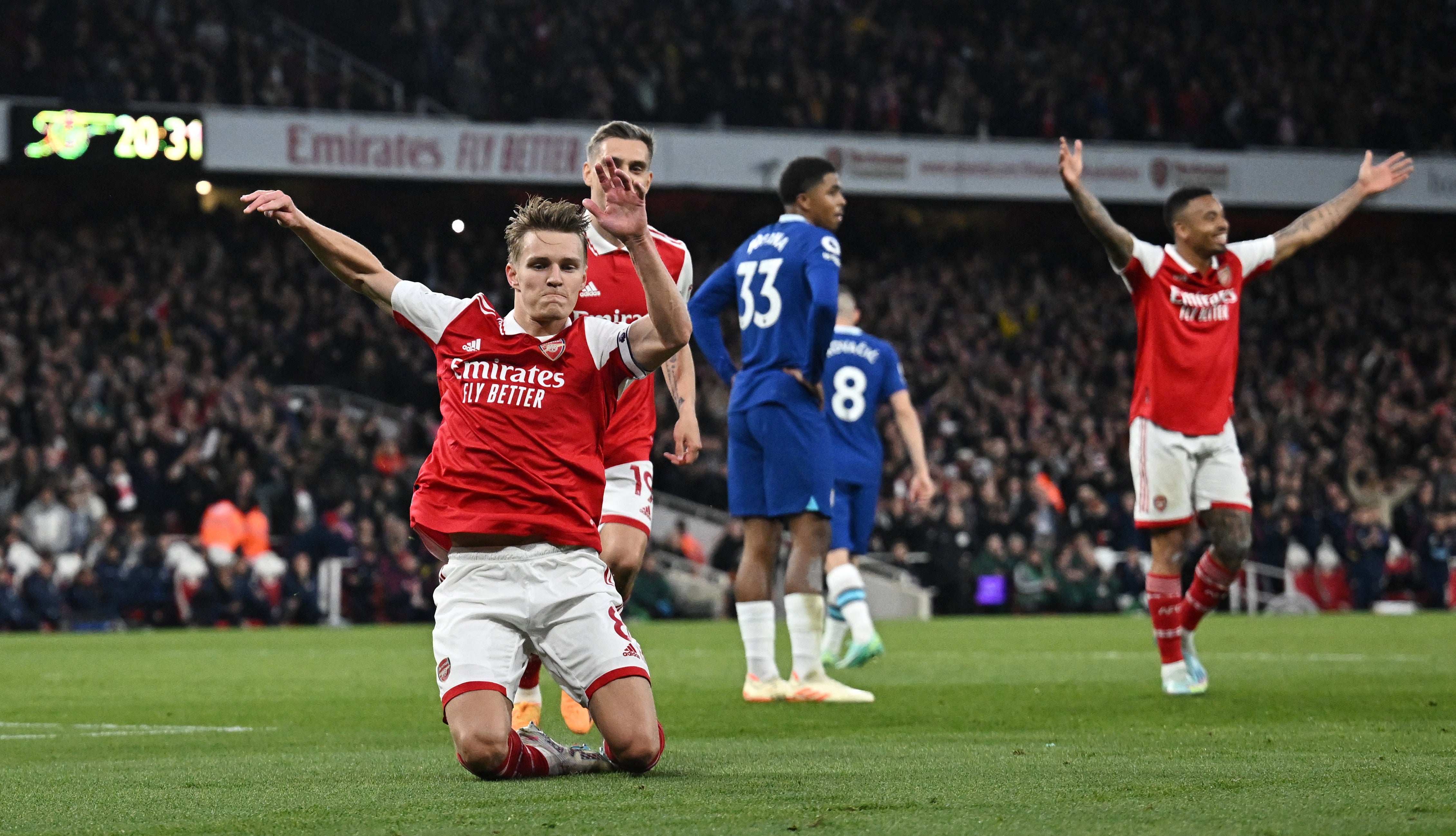 Martin Odegaard celebrates after scoring Arsenal’s second goal of the night