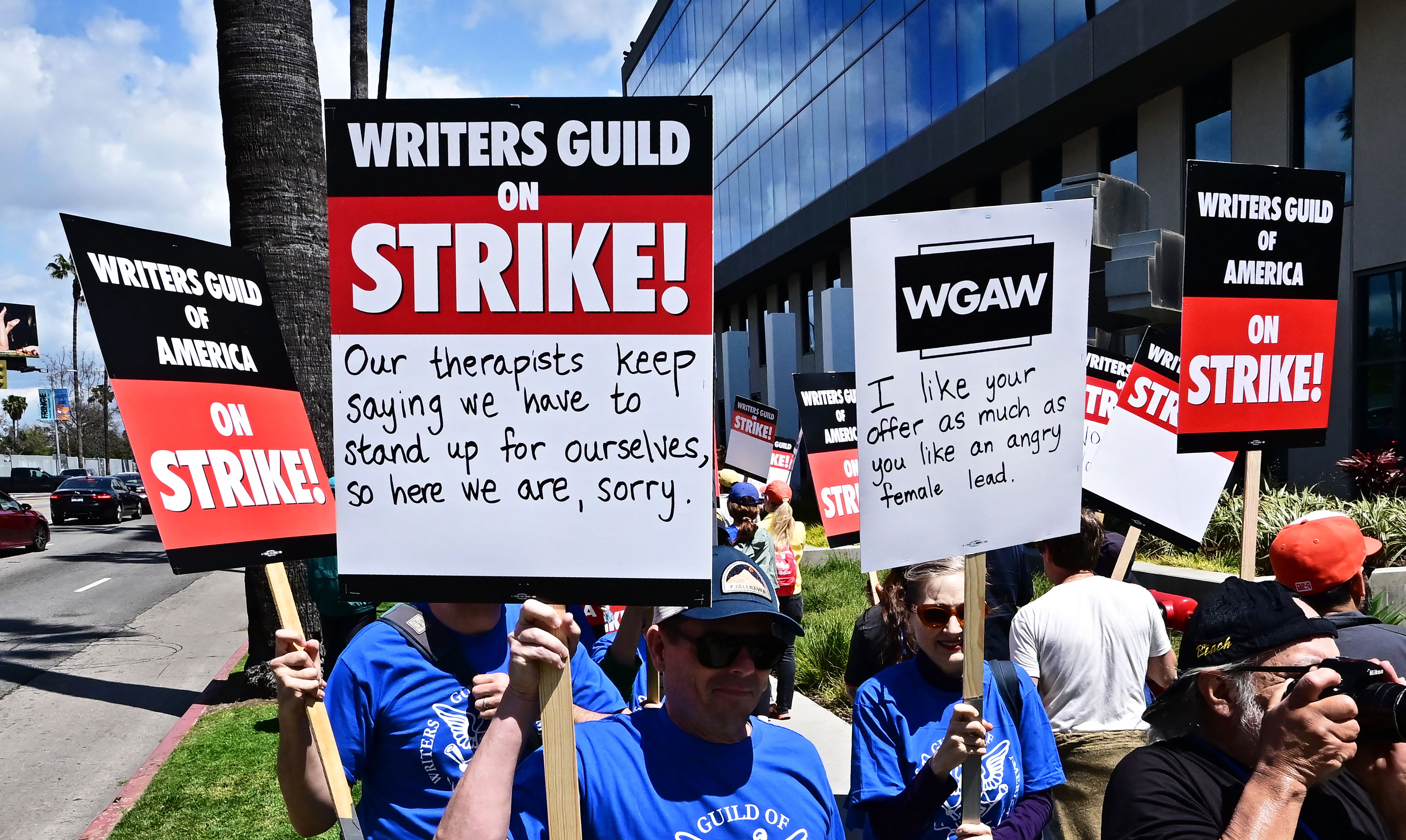 Writers picket in front of Netflix on Sunset Boulevard in Hollywood, California, on 2 May