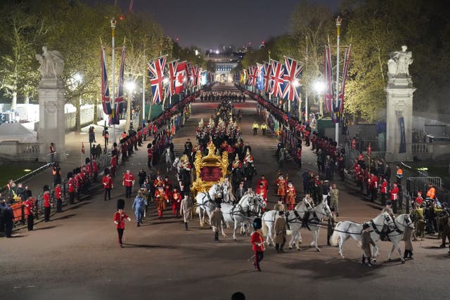 A night-time rehearsal takes place in central London ahead of the coronation (James Manning/PA)