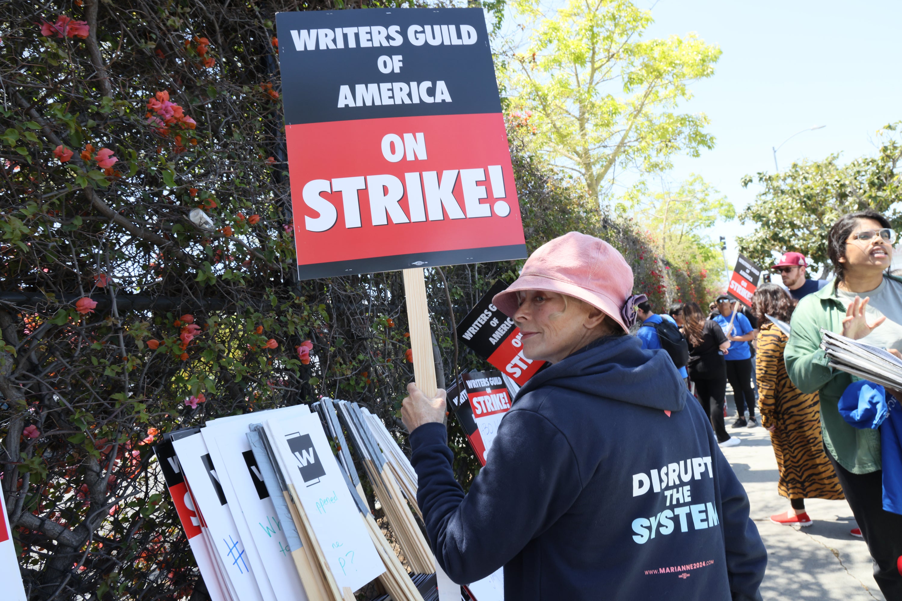 Frances Fisher on the picket lines outside CBS Television City in Los Angeles
