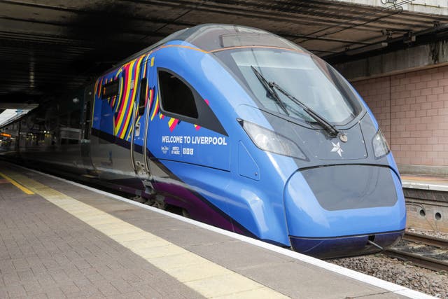 TransPennine Express said it wanted to ‘get into the rhythm of the musical extravaganza’ by wrapping a train in Eurovision livery (TransPennine Express/PA)