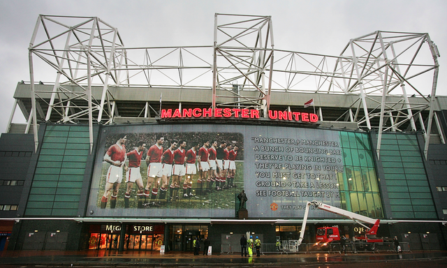 <p>Old Trafford adorned with a tribute to the Busby Babes</p>