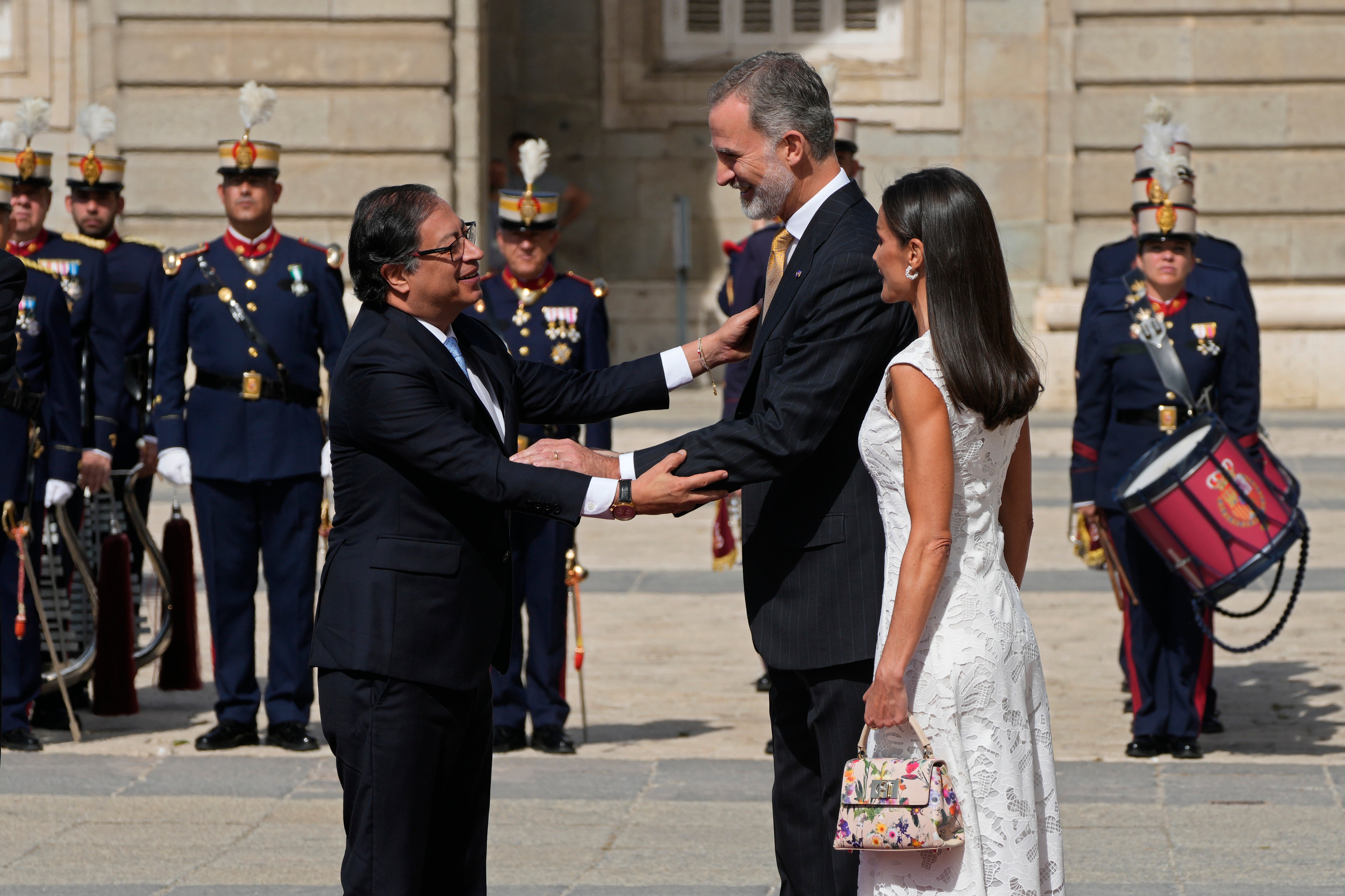 Spain’s King Felipe and Queen Letizia greet Colombian president Gustavo Petro at the Royal Palace in Madrid in May