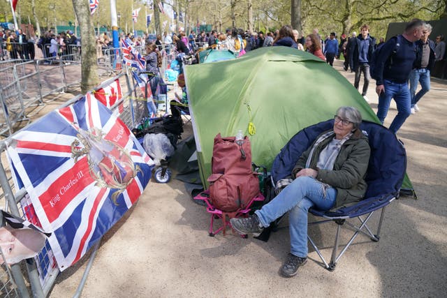 <p>Royal fan Mary-Jane Willows from Cornwall, who is camping out on The Mall, near Buckingham Palace in central London</p>