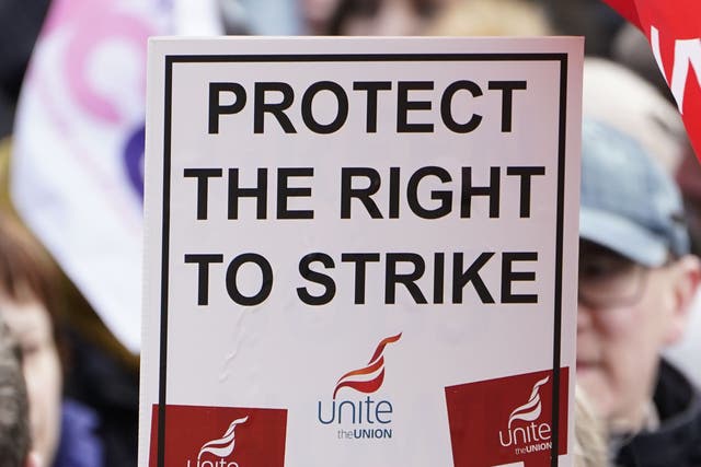 Protesters gathered at the Protect The Right To Strike march and rally at Leeds Town Hall in April (PA)