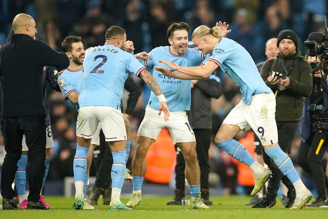 <p>Manchester City forward Erling Haaland celebrates after his record-breaking goal against West Ham (Dave Thompson/AP)</p>