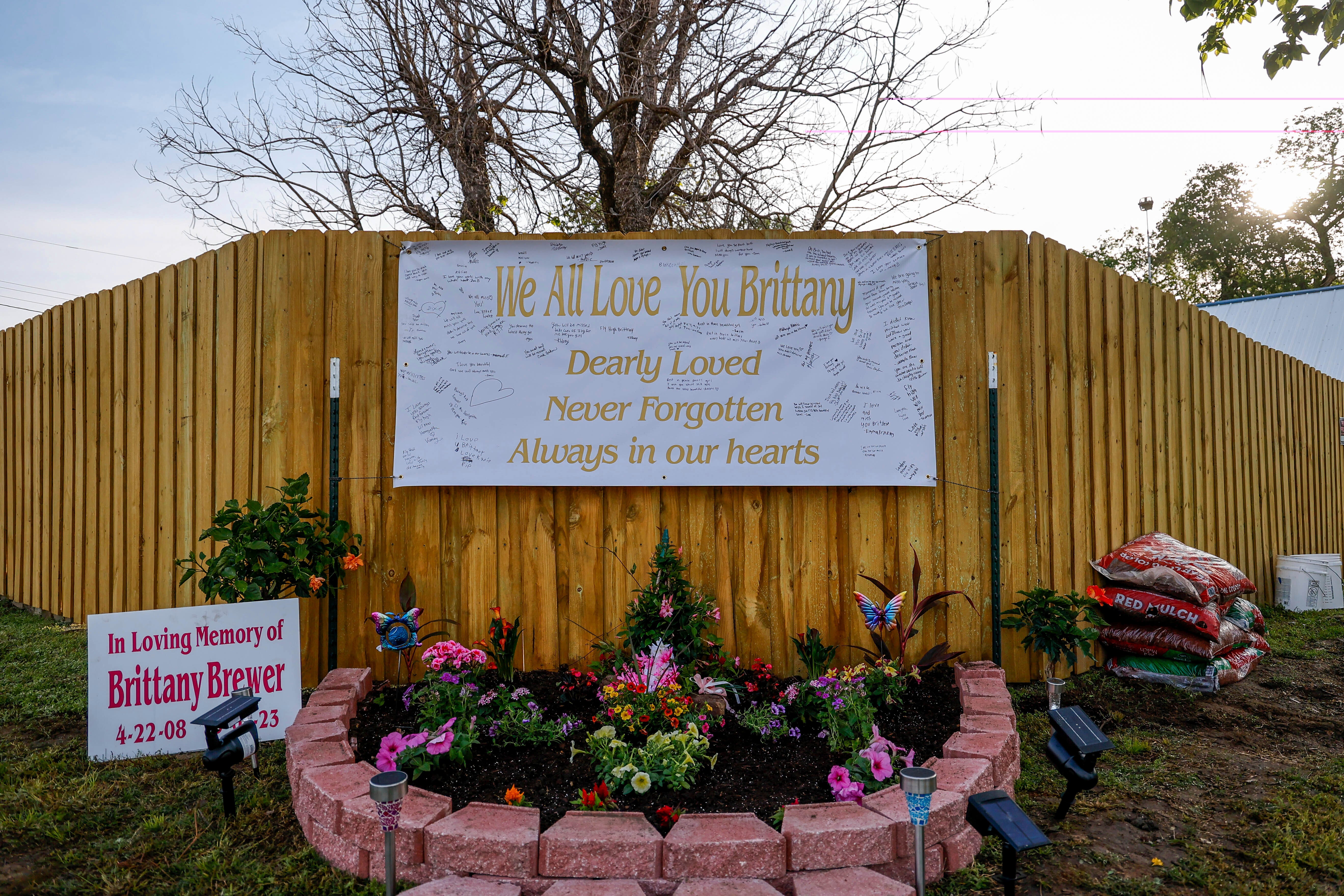 A memorial is placed at the home of Brittany Brewer in Henryetta, Okla., on Wednesday, May 3, 2023