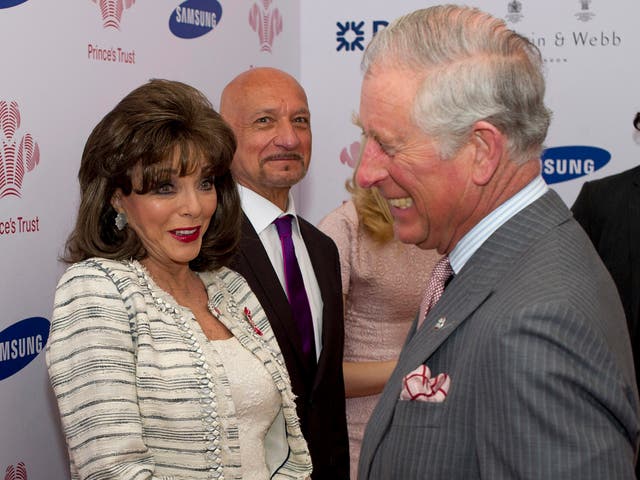 <p>Joan Collins meets Prince Charles, Prince of Wales at the Prince's Trust & Samsung Celebrate Success awards at Odeon Leicester Square on March 12, 2014</p>
