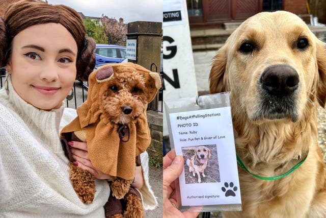 Helen Jakes arrived at her polling station with a Star Wars twist, while one dog was provided with their own photo ID (Helen Jakes and Annette Hill/PA)