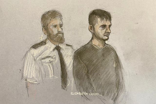 Court artist sketch by Elizabeth Cook of Jake Hill at Truro Magistrates’ Court on Wednesday (Elizabeth Cook/PA)
