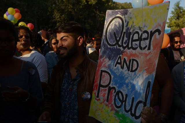 <p>File: Members and supporters of the lesbian, gay, bisexual, transgender rights take part in a pride parade in New Delhi</p>