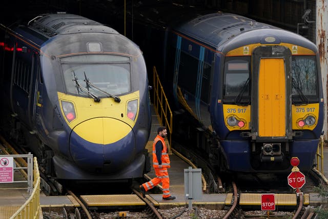 Southeastern trains in sidings at Ramsgate station in Kent, as services are disrupted due to members of the Rail, Maritime and Transport union (RMT) taking strike action in a long-running dispute (Gareth Fuller/PA)