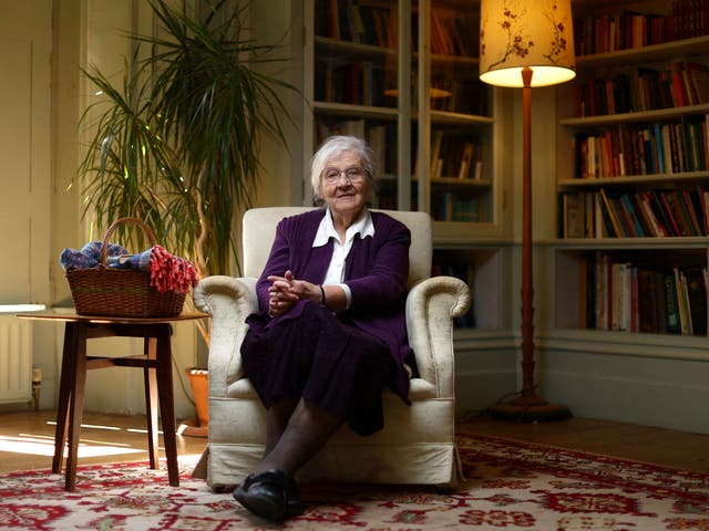 <p>Pamela Tawse, 88, poses for a photograph in the library room of the Hawkwood Centre for Future Thinking in Stroud</p>