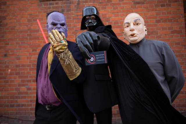 Actors dressed as Darth Vader, Dr Evil and Thanos attend the deep sea mining summit in central London (Greenpeace/PA)