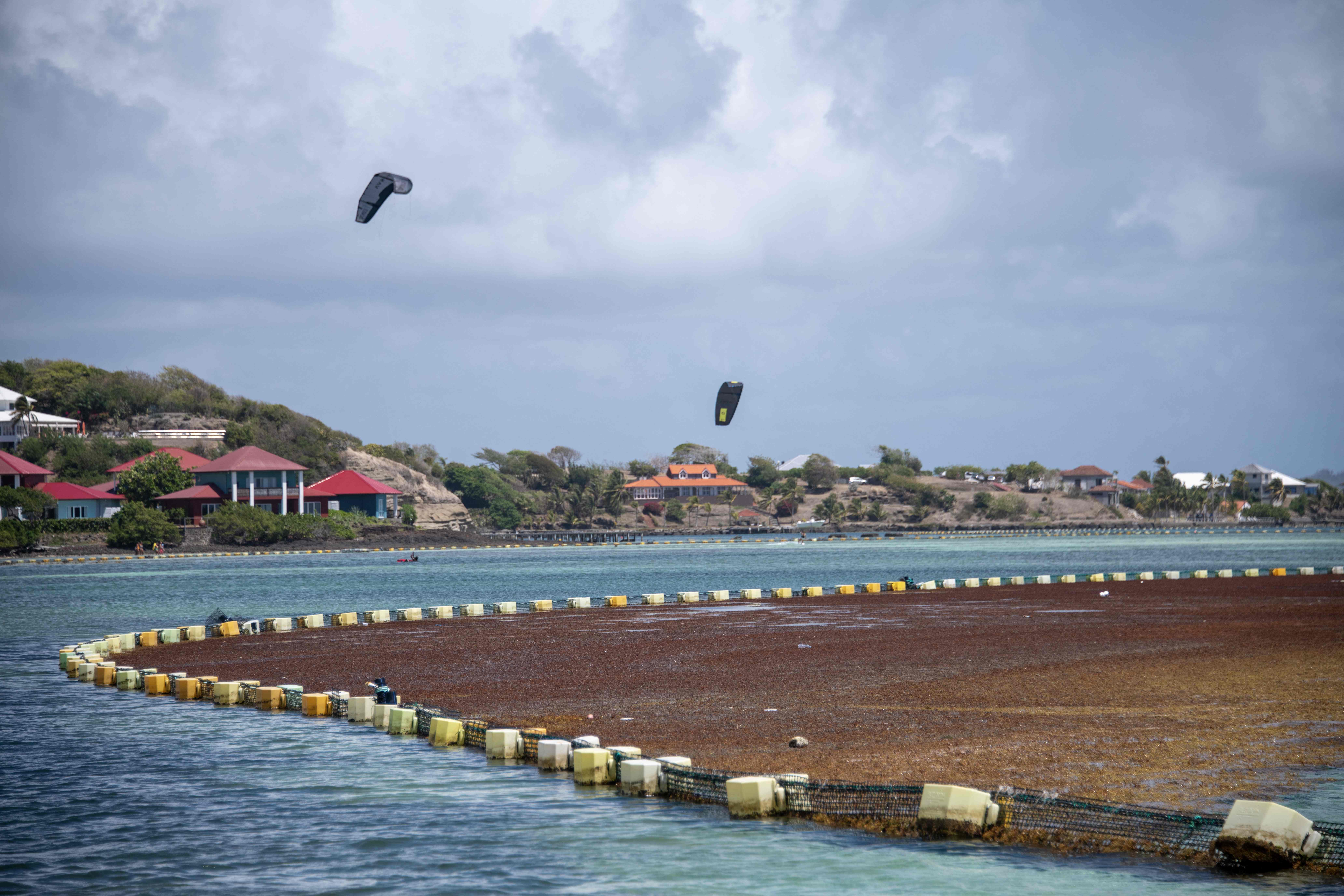 People kitesurf in coastal water kept clean by nets intercepting drifting Sargassum from reaching the shore, off the coast of Le Francois on France's Caribbean island of Martinique on April 19, 2023