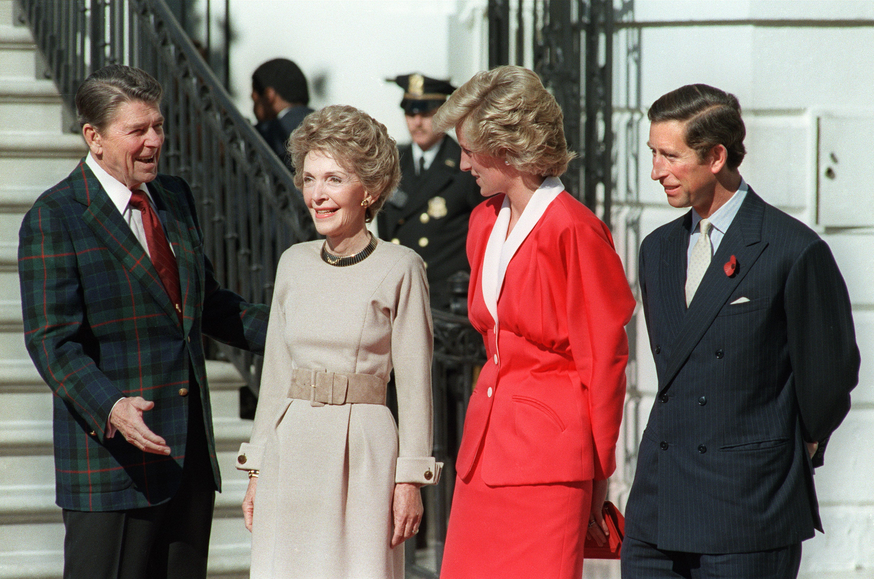 President Ronald Reagan and First Lady Nancy Reagan welcome the Prince and Princess of Wales to the White House in November 1985