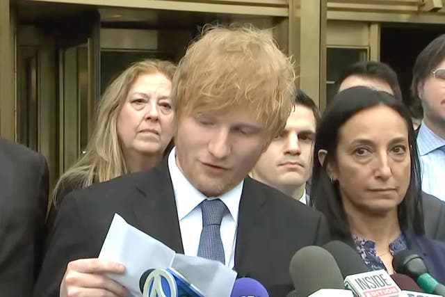 <p>Ed Sheeran outside court in New York</p>