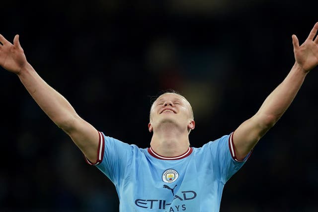 Manchester City’s Erling Haaland celebrates scoring their side’s second goal of the game, breaking the record for most goals in a Premier League season, during the Premier League match at the Etihad Stadium, Manchester. Picture date: Wednesday May 3, 2023.