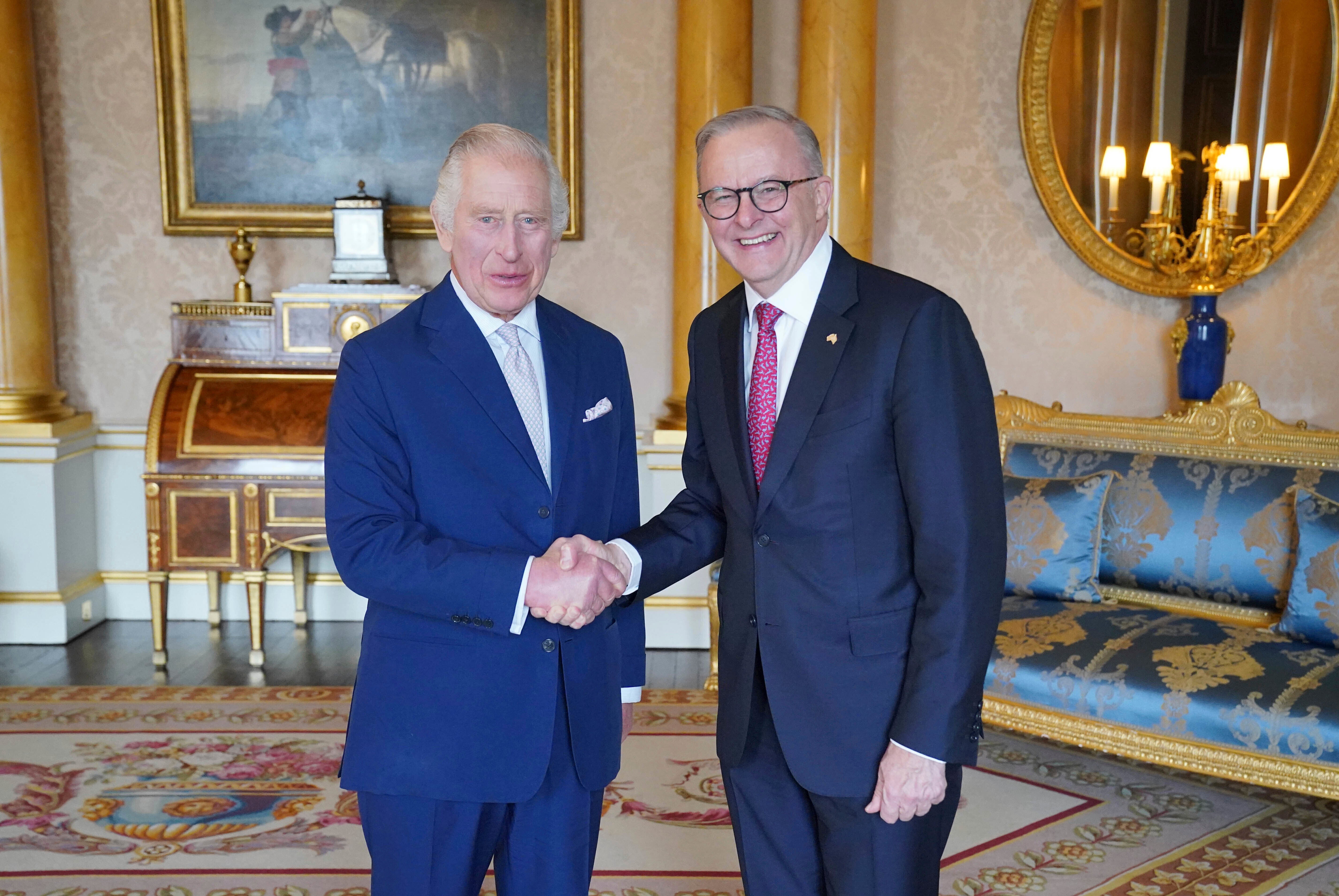 King Charles III receives Australian prime minister Anthony Albanese during an audience at Buckingham Palace in London in May