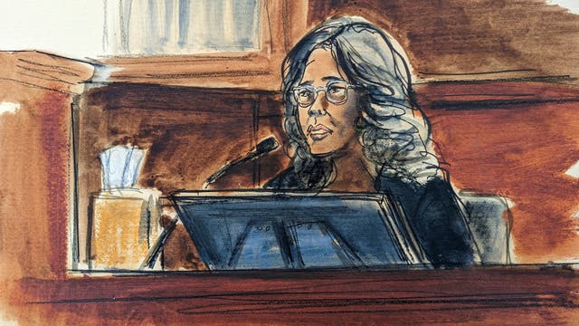 <p>In this courtroom sketch, Carol Martin, a friend of E. Jean Carroll’s, testifies in Manhattan federal court, Thursday</p>