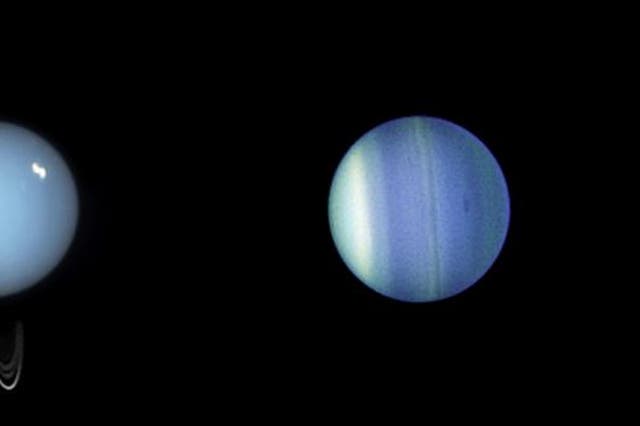 <p>These Hubble Space Telescope images show the varied faces of Uranus. On the left, Uranus in 2005 displays its ring system. The planet -- along with its rings and moons -- is tipped on its side, rotating at roughly a 90-degree angle from the plane of its orbit. In the Hubble close-up taken just one year later, Uranus reveals its banded structure and a mysterious dark storm</p>
