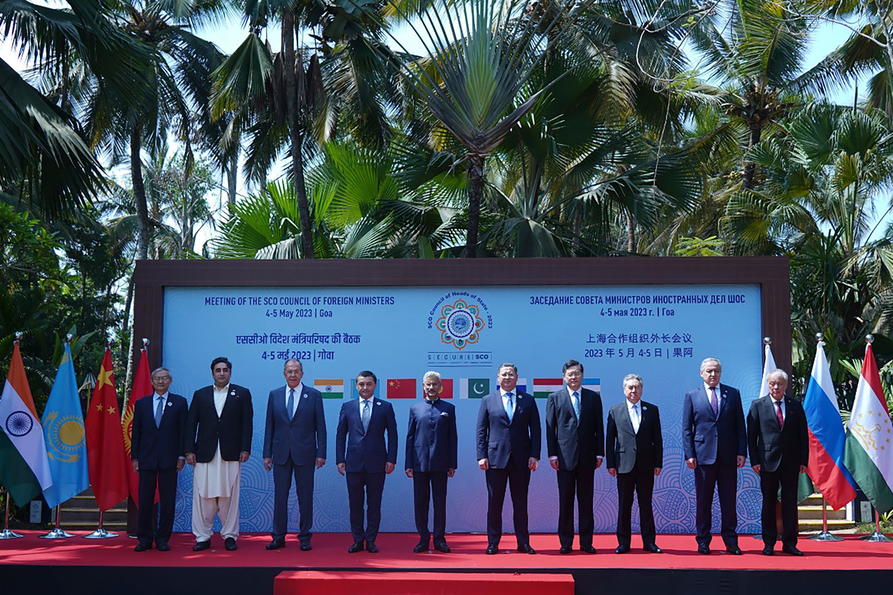 A group photo of SCO members after the summit in Goa, India on Friday