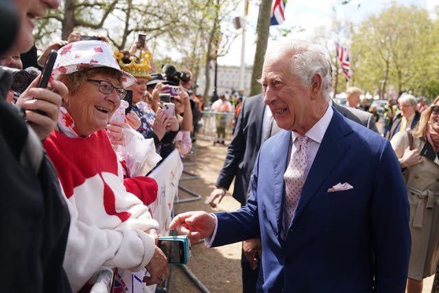 The King on a walkabout outside Buckingham Palace (James Manning/PA)