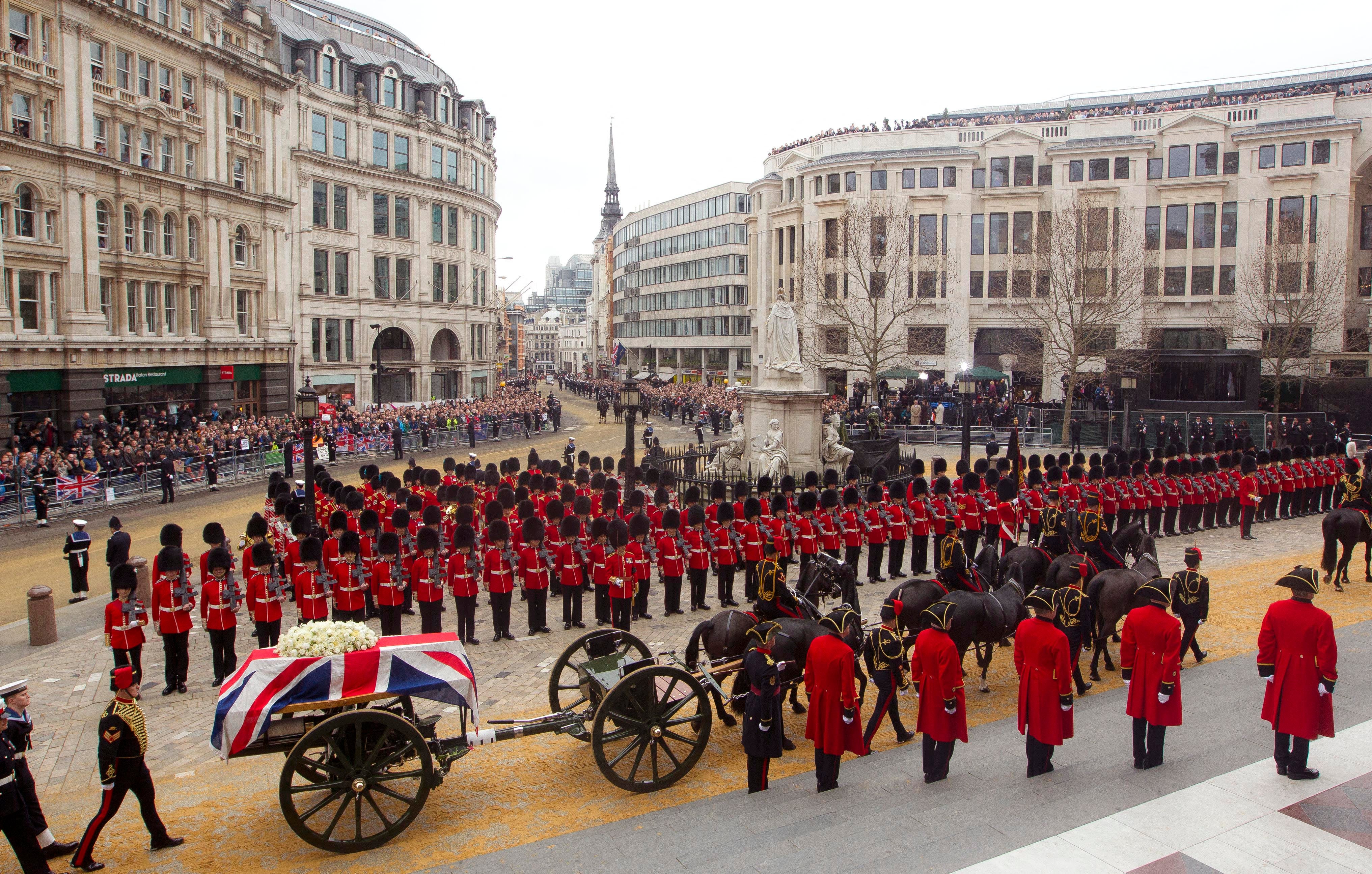 The coffin of Margaret Thatcher arrives on a gun carriage during her ceremonial funeral at St Paul’s Cathedral in 2013