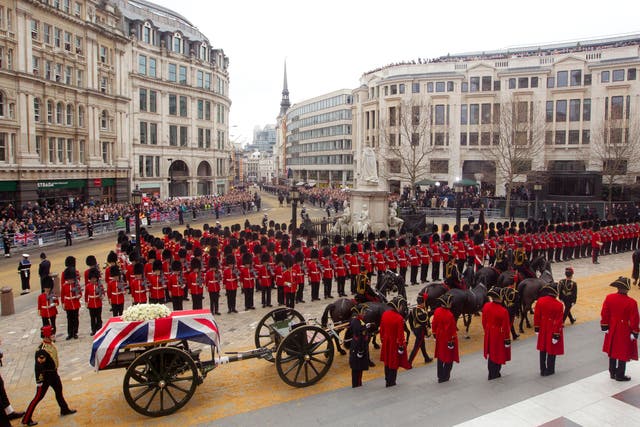 <p>The coffin of Margaret Thatcher arrives on a gun carriage during her ceremonial funeral at St Paul’s Cathedral in 2013</p>