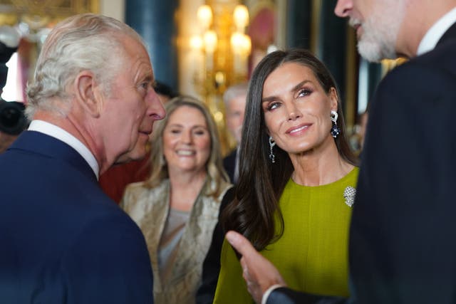 <p>King Charles III (left) speaks to King Felipe VI and Queen Letizia of Spain, during a reception at Buckingham Palace, in London, for overseas guests attending his coronation. Picture date: Friday May 5, 2023.</p>