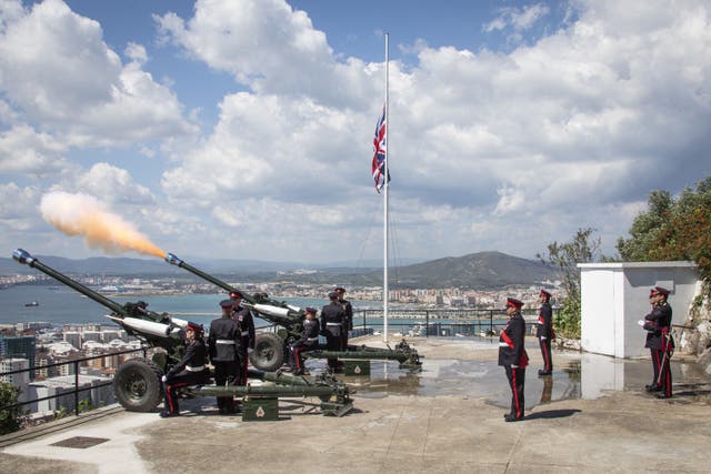 MoD handout photo dated 17/04/21 of personnel from the military conducting a Gun Salute in Gibralter, to mark the National Minute’s Silence on the occasion of the funeral The Duke of Edinburgh. Picture date: Saturday April 17, 2021. See PA story FUNERAL Philip. Photo credit should read: Cpl Connor Payne RAF/MoD/PA Wire NOTE TO EDITORS: This handout photo may only be used in for editorial reporting purposes for the contemporaneous illustration of events, things or the people in the image or facts mentioned in the caption. Reuse of the picture may require further permission from the copyright holder.